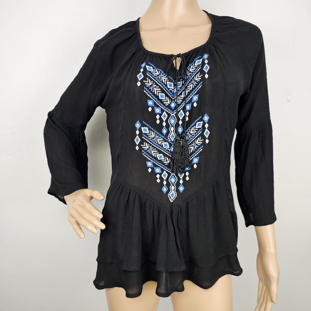 One World Tunic Top Boho Black Woven Embroidered Whimsigoth Size XS.